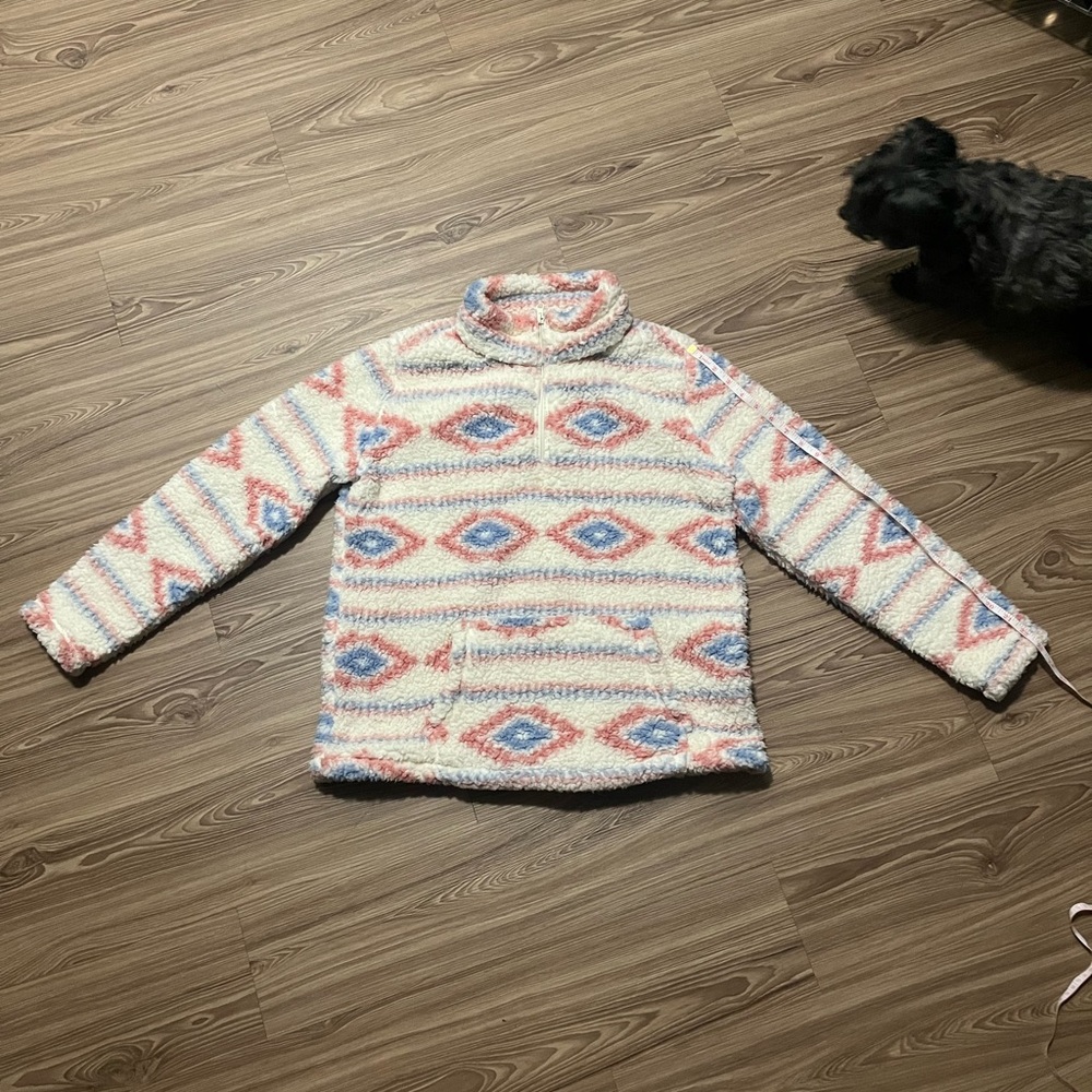 White and Pink Cowl Neck Sweater with Geometric Patterns